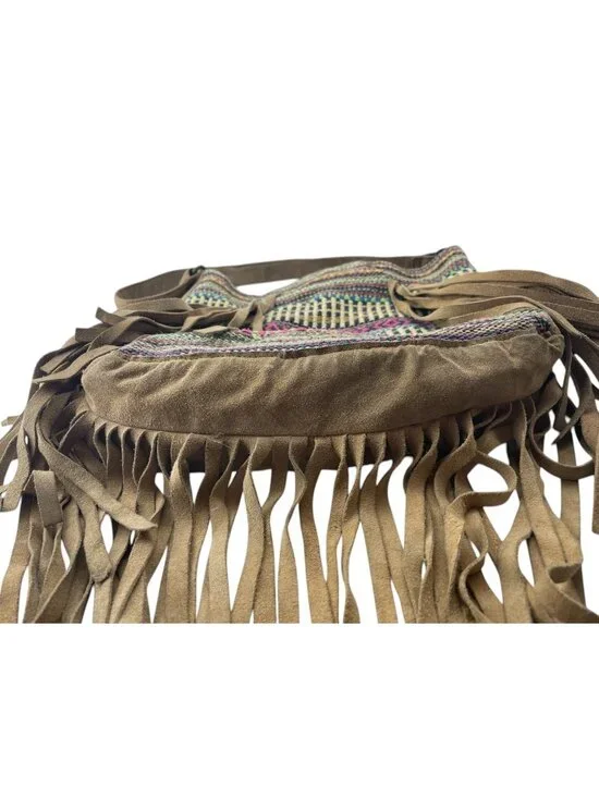SATINATO Hobo Bag Women’s Brown Multi Fringe Woven Suede Festival - Picture 3 of 12